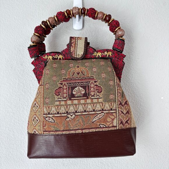 Mary Frances Brown Red Gold Beaded Top Handle Tapestry Elephant Handbag - Picture 1 of 9